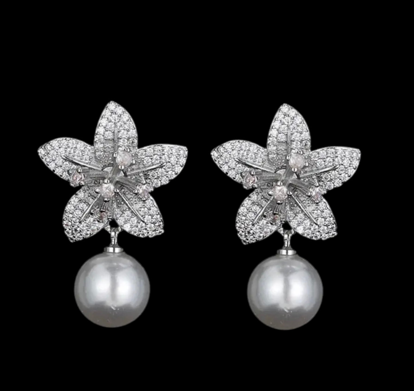 Flower Dangle Drop Pearl Cubic Zirconia Earrings