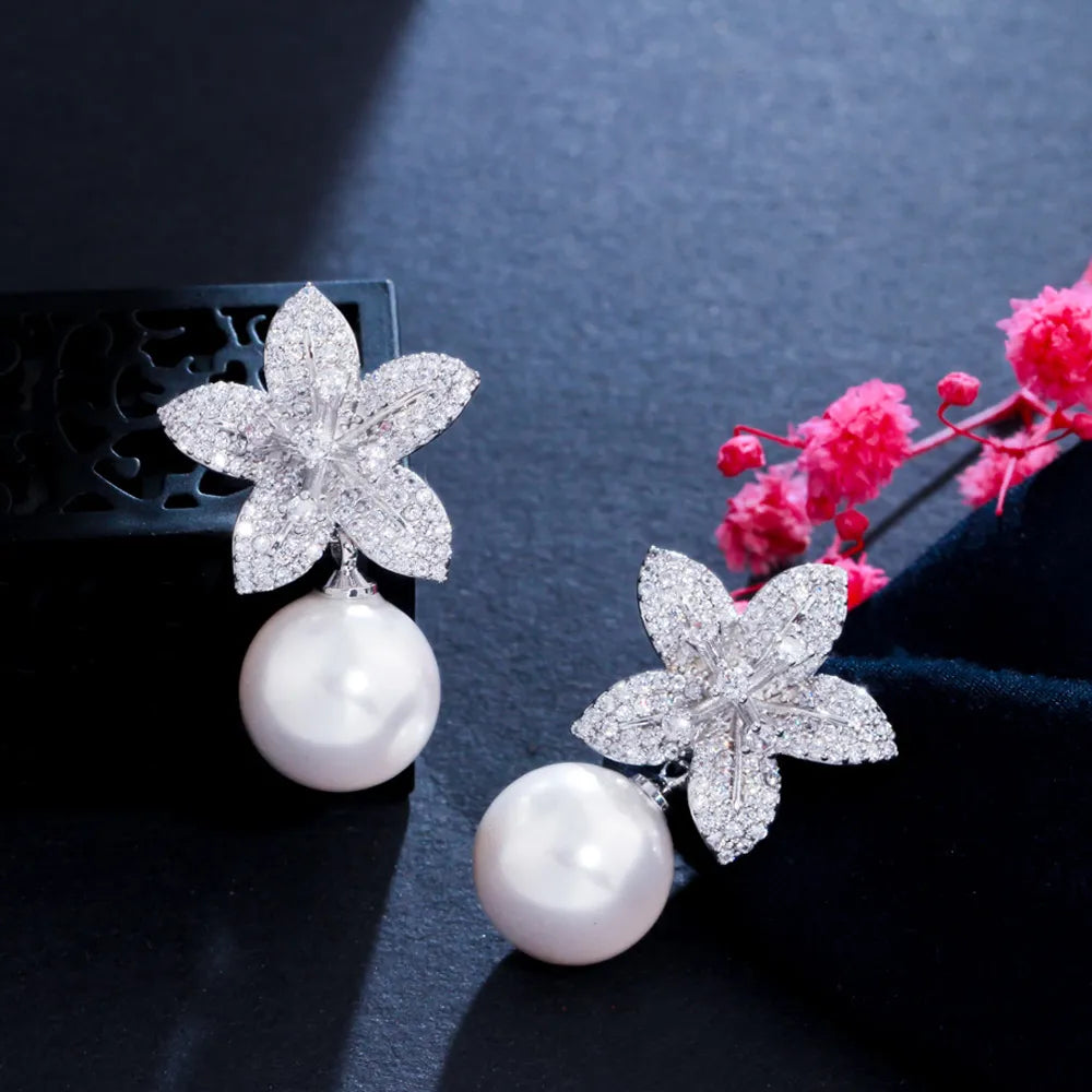 Flower Dangle Drop Pearl Cubic Zirconia Earrings