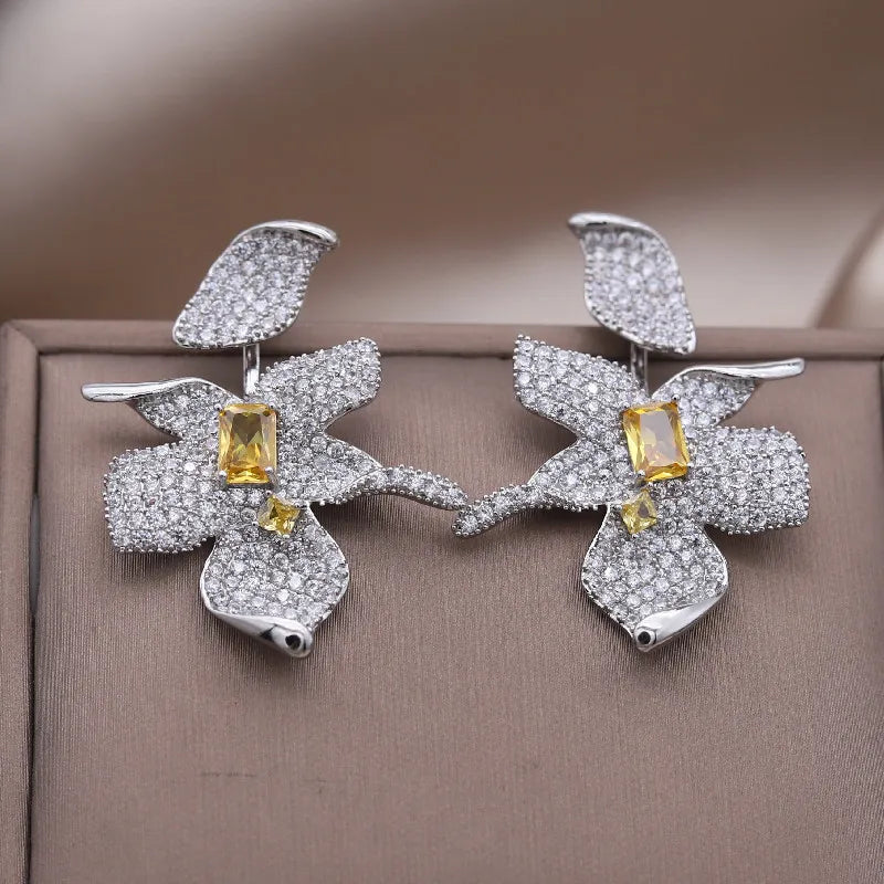 cubic Zircon Large Flower Earrings