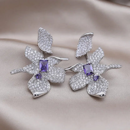 cubic Zircon Large Flower Earrings