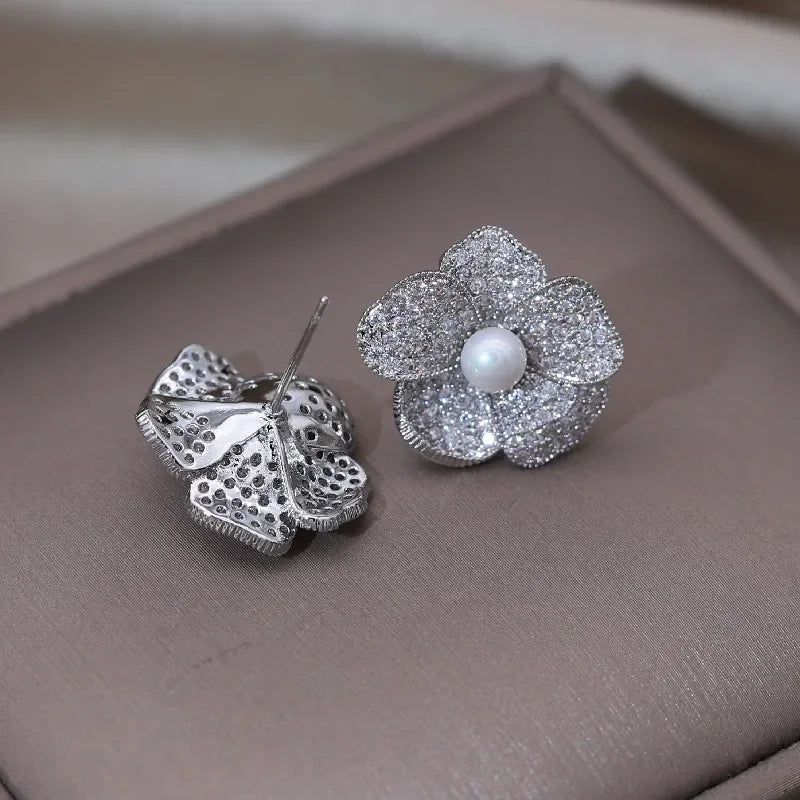 Silver Color Flower Pearl Earrings