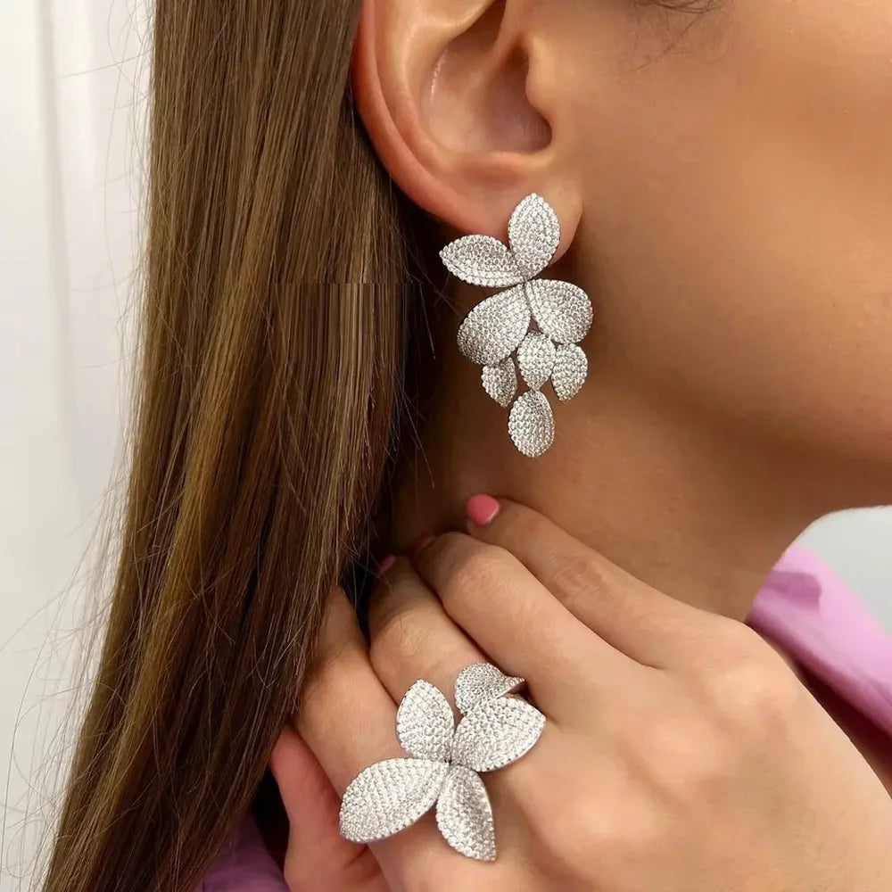 Luxury Leaf Leaves Flower Cubic Zirconia Earring For Women