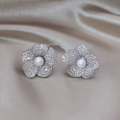 Silver Color Flower Pearl Earrings