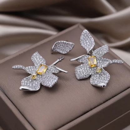 cubic Zircon Large Flower Earrings