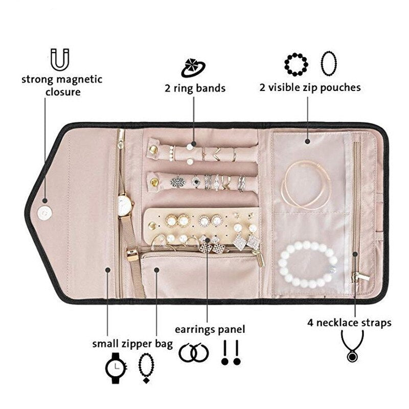 منظم مجوهرات محمول للسفر مع حقيبة مجوهرات قابلة للطي