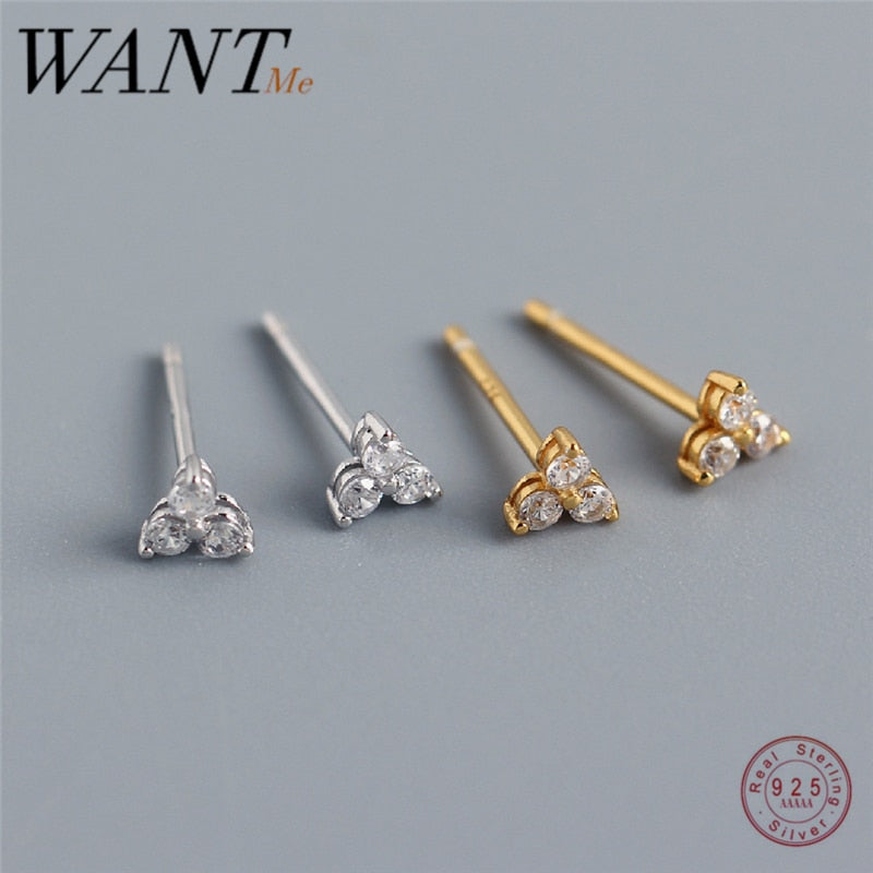 WANTME Cute Mini Real 925 Sterling Silver White Zircon Clover Stud Earrings for Women Flower Earrings Jewelry Girl Birthday Gift