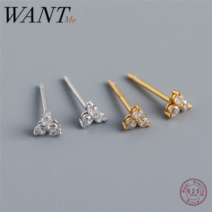 WANTME Cute Mini Real 925 Sterling Silver White Zircon Clover Stud Earrings for Women Flower Earrings Jewelry Girl Birthday Gift